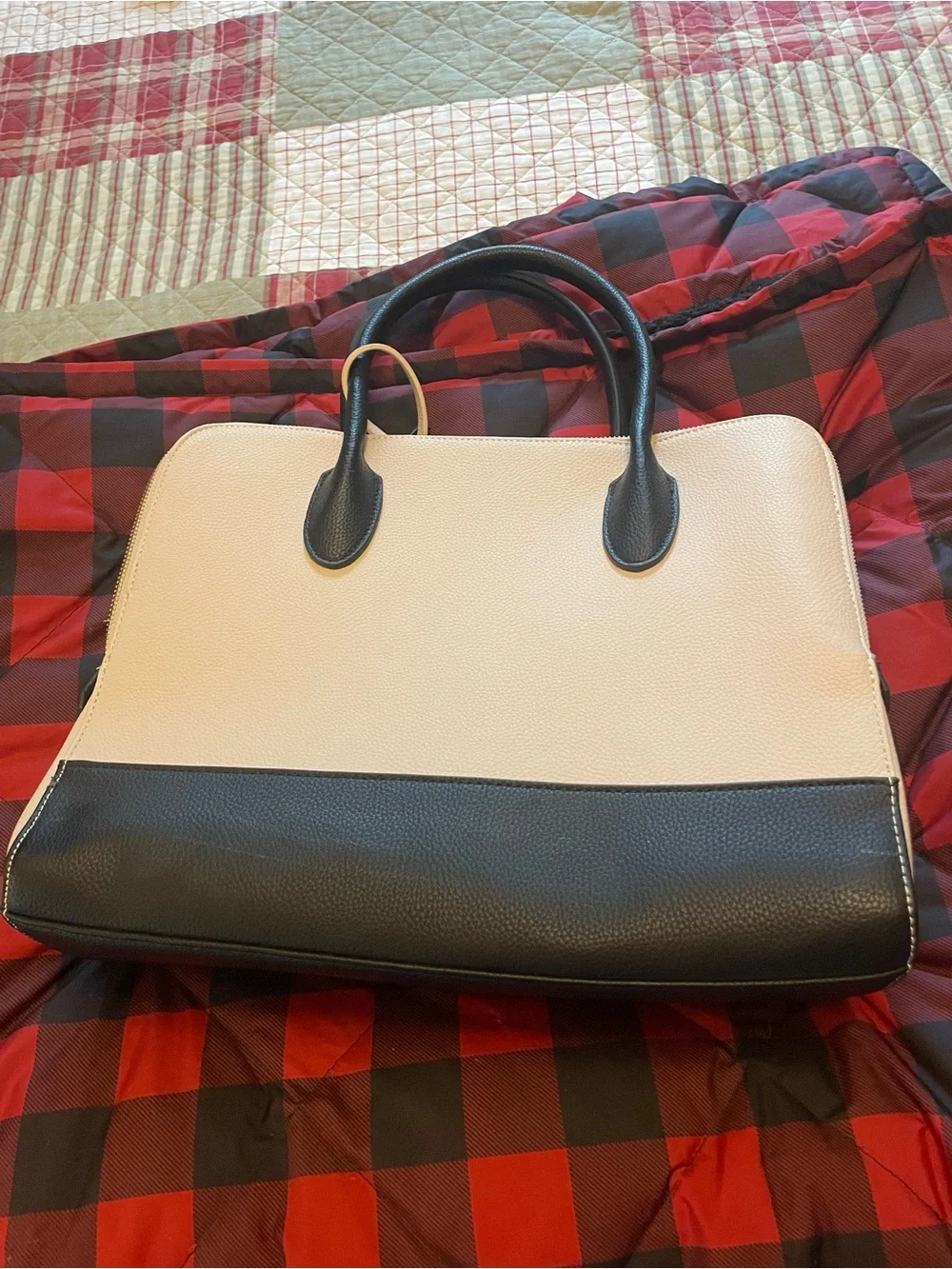 Classic Two-Tone Leatherette Briefcase Bag - Black & Cream